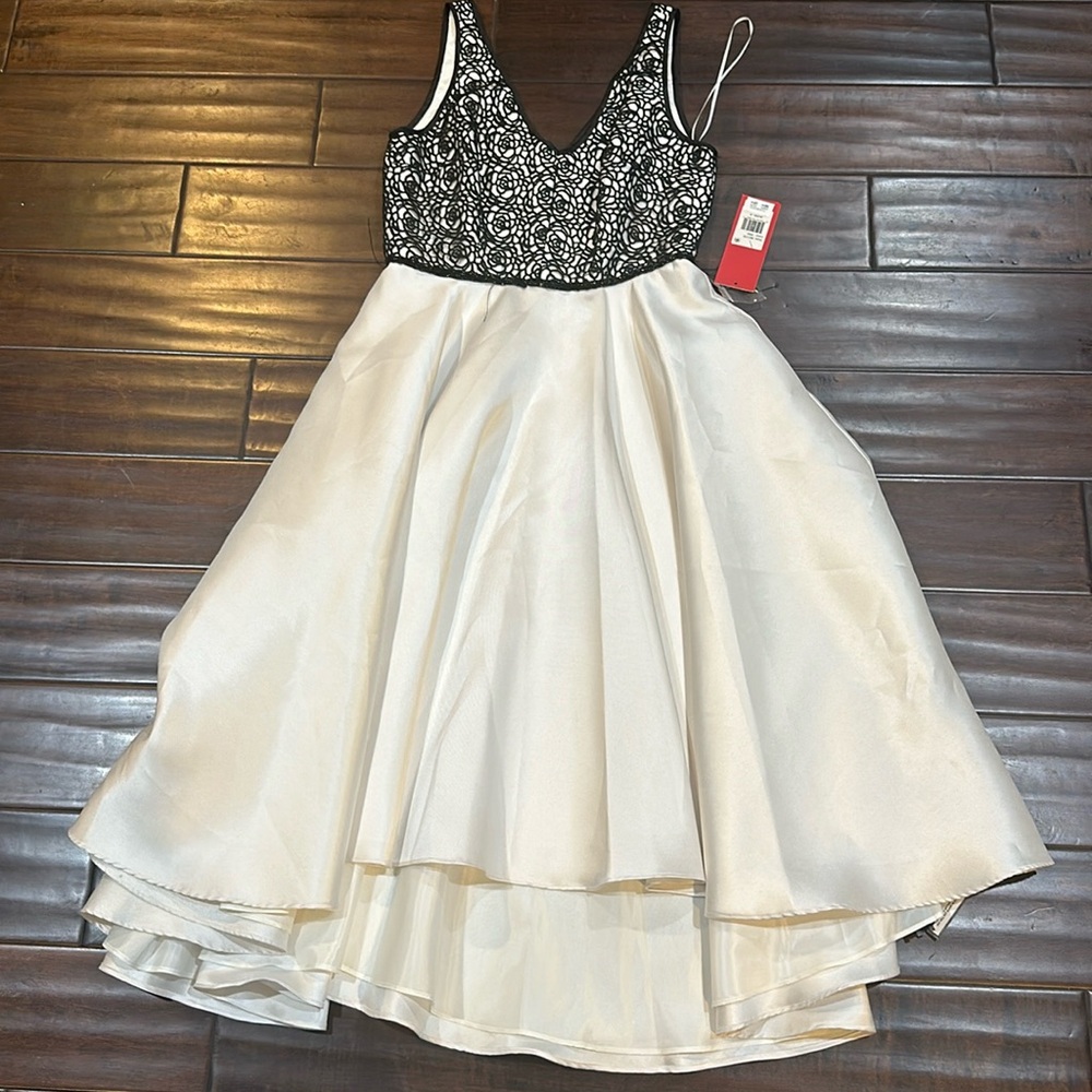 Carmen Marc Valvo black lace and white silk dress